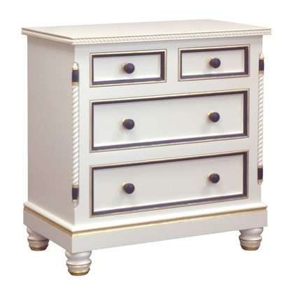 Evan Chest
Finish: Antico White
Trim Out: Navy and Gold Gilding
Knobs: Wood Knobs