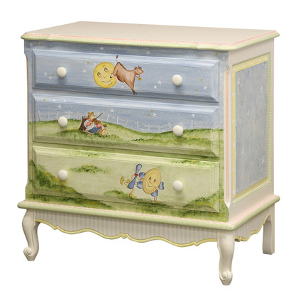 French Chest
Finish: Linen
Hand Painted Motif: Nursery Rhymes
Knobs: Wood