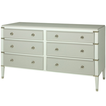 Gramercy Dresser
Body Finish: Snow
Upgraded Second Color on Drawers and Top Finish: Dior Gray
Chest Straps: Polish Nickel
Toe Caps: Polish Nickel
Knobs: Upgraded Polish Nickel #1 