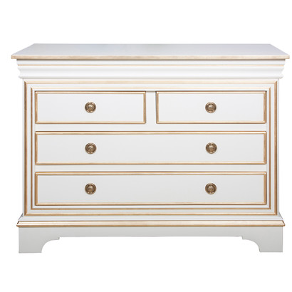 Main Finish: Whisper White
Trim Out Finish: Hand Applied Gold Gilding
Knobs: Upgraded Brass Knobs # 4