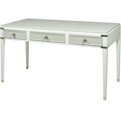 Gramercy Console Desk
Body Finish: Snow
Upgraded Second Color on Drawer and Top Finish: Dior Gray
Chest Straps: Polish Nickel
Toe Caps: Polish Nickel
Knobs: Upgraded Polish Nickel #1