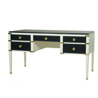 Gramercy Desk
Body Finish: Linen
Upgrade Second Color on Drawer and Top: Navy
Chest Straps: Polish Brass
Toe Caps: Polish Brass
Knobs: Standard Brass Knobs #6