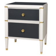 Gramercy Night Table
Body Finish: Snow
Upgraded Second Color on Drawers and Top: Navy
Chest Straps: Polish Brass
Toe Caps: Polish Brass
Knobs: Standard Brass Knobs #6