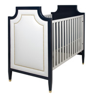 Gramercy Crib
Finish: Navy and Snow
Fabric: AFK Angel
Nail Heads: Polished Brass
Toe Caps: Polished Brass