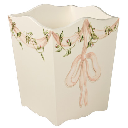 Waste Basket
Hand Painted Motif: Ribbons and Roses
Base Finish: Linen