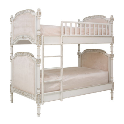 Bed Size: Twin Over Twin
Finish: Versailles Creme
Fabric: AFK Empress Pink
Option: Tight Back Upholstery
