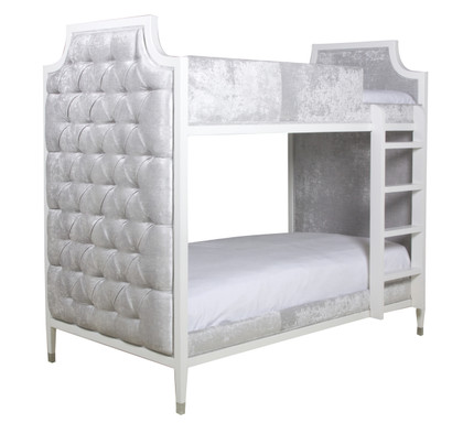 Bed Size: Twin Over Twin
Finish: Snow
Fabric: AFK Opulence Silver
Option: Button Tufting Upholstery
Toe Caps: Polished Nickel