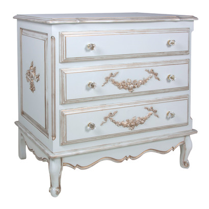 French Chest
Finish: Versailles Blue
Appliqued Moulding Option: AFK Standard Moulding in Versailles Blue
Knobs: Glass Knobs with Gold Base