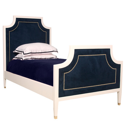 Bed Size: Twin
Finish: Linen
Fabric: AFK Arizona Navy
Option: Tight Back Upholstery with Nail Heads 
Nail Heads: Polished Brass
Toe Caps: Polished Brass