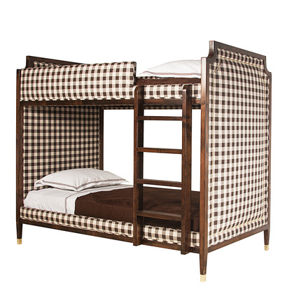 Bed Size: Twin Over Twin
Finish: Walnut Wood Stain
Fabric: C.O.M. - Customer's Own Material
Option: Tight Back Upholstery
Nail Heads: Polished Brass
Toe Caps: Polished Brass