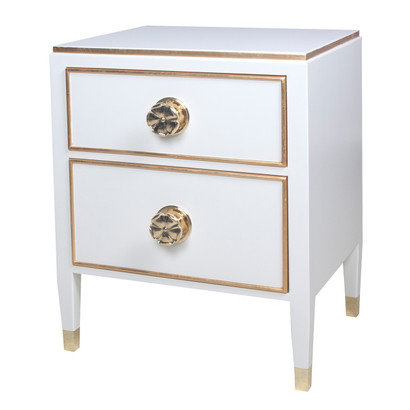 Hollywood Night Table
Body Finish: Antico White
Interior Drawer Finish: Hot Pink
Trim Out: Gold Gilding
Toe Caps: Polish Brass
Knobs: Large Polish Brass Flower Knobs