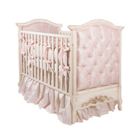 Bordeaux Crib
Finish: Versailles Creme
Fabric: AFK Pink Damask
Tufting Option: Button Tufting
Appliquéd Moulding Option: Large Bow with Roses