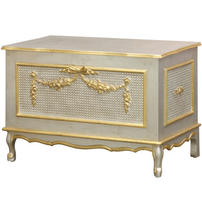 French Toy Chest
Finish: Silver Gilding
Trim Out: Gold Gilding
Appliqued Moulding Option: AFK Standard Moulding in Gold Gilding