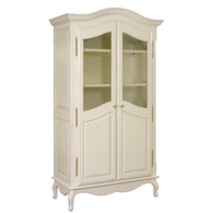 Grand Armoire
Finish: Antico White with Pink Trim Out
Door Option: Brass Wire Mesh
Knobs: Glass Knobs with Gold Base