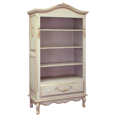 Tall French Bookcase
Finish: Versailles Blue
Appliqued Moulding Option: AFK Standard Moulding in Blue
Knobs: Glass Knobs with Gold Base