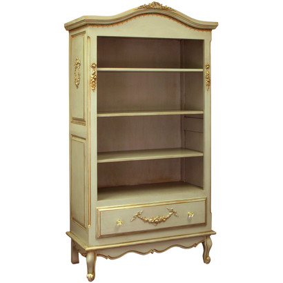 Tall French Bookcase
Finish: Versailles Green
Appliqued Moulding Option: AFK Standard Moulding in Versailles Green
Knobs: Glass Knobs with Gold Base