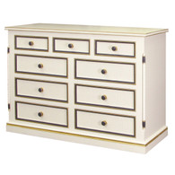 Evan Nine Drawer Dresser
Finish: Antico White
Trim Out: Navy and Gold Gilding
Caning on Drawer Fronts
Knobs: Wood
