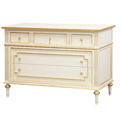 Marcheline Chest
Finish: Antico White
Trim Out: Gold Gilding
Knobs: Brass Knob #2 and Brass Tassel #1