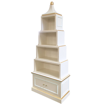 Pagoda Bookcase
Finish: Antico White
Trim Out: Custom Benjamin Moore Blue Bonnet and Gold Gilding
Knobs: Glass Knobs with Gold Base