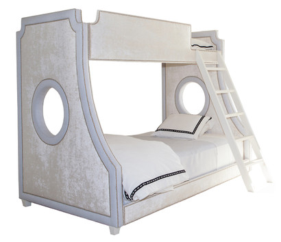 Bed Size: Twin Over Full
Main Fabric: AFK Opulence Creme
Banding Fabric: AFK Hopsack Blue
Nail Heads: Polished Nickel
Ladder and Feet Finish: Antico White