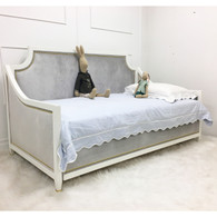 Gramercy II Daybed
Bed Size: Twin w/ Trundle
Finish: Whisper
Fabric: AFK Majestic Silver
Nail Heads: Polished Brass
Toe Caps: Polished Brass
