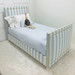Bed Size: Twin
Fabric: Jasper Blue and White Stripe
Nail Heads: Polished Brass
Feet Finish: Whisper White