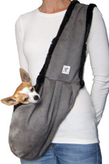 Luxury Dog Sling - Gray Microsuede lined with luxurious black Faux Fur