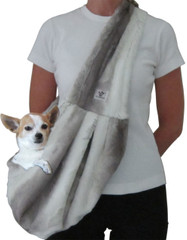 Dog Sling - Faux Fur Gray and White