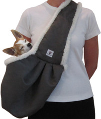 Dog Sling - Gray Microsuede with sherpa