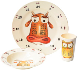 Age 1 to 5 Curriculum set featuring the x1 Professor ONE Hoot Bowl, the x2 Madame TWO Moos Plate and the x10 Goatee TEN Beards beaker