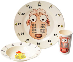 3 piece set for the Year 2, Age 6, age group, as recommended in the new National curriculum. The set contains 3 exquisite pieces: 25 cm plate, a 19cm bowl and an 11cm beaker, each featuring your choice of either the x3, x4 and x5 Times Table characters - 'theMultiples' - to help your family to learn their Times Tables in a low profile and fun way. Times tables are the key foundation stone towards a life long proficiency in Maths and natural affinity for numbers. High quality 100% melamine with glossy finish. Designed in UK. Dishwasher safe. Not for microwave (as with all melamine products). Delivery in 48 hours normally. The new National Curriculum guidelines: Early Years:        Age 6:               x3,    x4,    x5
