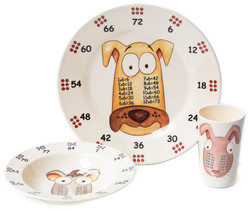 3 piece set for the Year 3, Age 7, age group, as recommended in the new National curriculum. The set contains 3 exquisite pieces: 25 cm plate, a 19cm bowl and an 11cm beaker, each featuring your choice of either the x6, x7 and x8 Times Table characters - 'theMultiples' - to help your family to learn their Times Tables in a low profile and fun way. Times tables are the key foundation stone towards a life long proficiency in Maths and natural affinity for numbers. High quality 100% melamine with glossy finish. Designed in UK. Dishwasher safe. Not for microwave (as with all melamine products). Delivery in 48 hours normally. The new National Curriculum guidelines: Intermediate:     Age 7:               x6,    x7,    x8