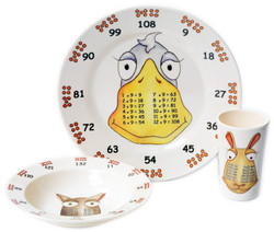 3 piece set for the Year 4, Age 8+, age group, as recommended in the new National curriculum. The set contains 3 exquisite pieces: 25 cm plate, a 19cm bowl and an 11cm beaker, each featuring your choice of either the x9, x11 and x12 Times Table characters - 'theMultiples' - to help your family to learn their Times Tables in a low profile and fun way. Times tables are the key foundation stone towards a life long proficiency in Maths and natural affinity for numbers. High quality 100% melamine with glossy finish. Designed in UK. Dishwasher safe. Not for microwave (as with all melamine products). Delivery in 48 hours normally. The new National Curriculum guidelines: Expert:                Age 8+              x9,  x11,   x12