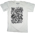 White graphic tee with heads and words printed in black