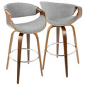 Curvini Mid-Century Modern Barstool in Walnut Wood and Grey Fabric by LumiSource - Set of 2