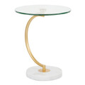 C End Contemporary Table in White Marble, Gold Metal and Clear Glass by LumiSource