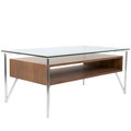 Hover Contemporary Coffee Table with Brushed Stainless Steel Frame, Walnut Wood Shelf, and Clear Glass Top by LumiSource