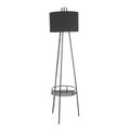Trident Contemporary Floor Lamp in Black Metal with Black Linen Shade and Black Metal Shelf by LumiSource