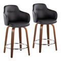 Boyne 24" Contemporary Fixed-Height Counter Stool with Swivel in Walnut Wood and Black Faux Leather with Round Chrome Metal Footrest- Set of 2 — pair view