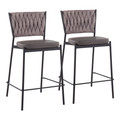 Braided Tania Contemporary Counter Stool in Black Metal, Grey Faux Leather, and Light Brown Fabric- Set of 2 — pair view