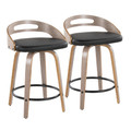 Cassis 24" Mid-Century Modern Fixed-Height Counter Stool with Swivel in Light Grey Wood and Black Faux Leather with Round Black Metal Footrest- Set of 2 — pair view