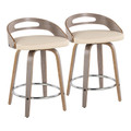 Cassis 24" Mid-Century Modern Fixed-Height Counter Stool with Swivel in Light Grey Wood and Cream Faux Leather with Round Chrome Metal Footrest- Set of 2 — pair view