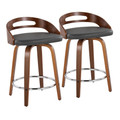Cassis 24" Mid-Century Modern Fixed-Height Counter Stool with Swivel in Walnut Wood and Grey Faux Leather with Round Chrome Metal Footrest- Set of 2 — pair view