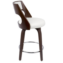 Cecina counter stool in Mahogany Wood, White PU, Chrome, side view, featuring swivel and wood frame