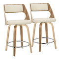 Cecina 24" Mid-Century Modern Fixed-Height Counter Stool with Swivel in Zebra Wood and Cream Faux Leather with Round Chrome Footrest- Set of 2 — pair view