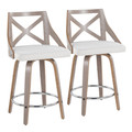 Charlotte 24" Farmhouse Fixed-Height Counter Stool with Swivel in Light Grey Wood and Cream Fabric with Round Chrome Metal Footrest- Set of 2 — pair view