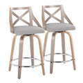 Charlotte 24" Farmhouse Fixed-Height Counter Stool with Swivel in Light Grey Wood and Grey Fabric with Round Chrome Metal Footrest- Set of 2 — pair view