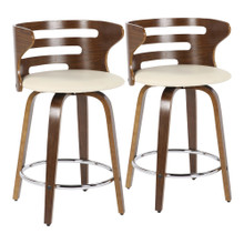 Cosini 24" Mid-Century Modern Counter Stool with Swivel in Walnut Wood and Cream Faux Leather with Round Chrome Metal Footrest- Set of 2 — pair view