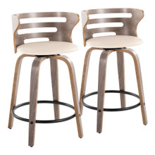 Cosini 24" Mid-Century Modern Fixed-Height Counter Stool with Swivel in Light Grey Wood and Cream Faux Leather with Round Black Metal Footrest- Set of 2 — pair view