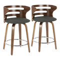 Cosini 24" Mid-Century Modern Fixed-Height Counter Stool with Swivel in Walnut, Charcoal Fabric and Chrome Footrest- Set of 2 — pair view